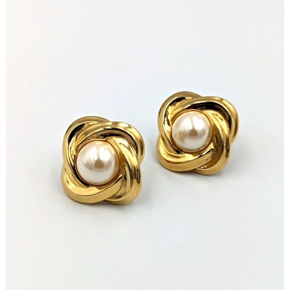 Vintage Givenchy Gold Tone Faux Pearl Statement Clip On Earrings 80's Marked - Picture 6 of 15